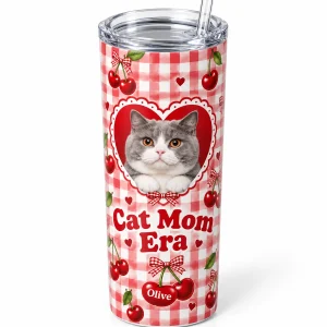 Close-up of the Cat Mom Cherry Gingham Tumbler print showing the cat's fur detail and the satin tumbler finish