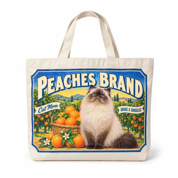 Cat mom tote bag – Cat Mom Citrus Crate Label Tote Bag with a cream-point Himalayan and the text "Cat Mom", "Peaches Brand", "Grade A Snuggles", product photo on a white background