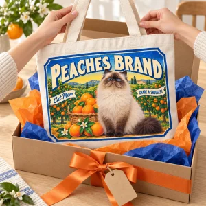 Hands unwrapping the Cat Mom Citrus Crate Label Tote Bag from a kraft gift box