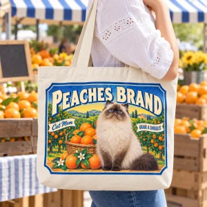 Cat Mom Citrus Crate Label Tote Bag styled in a lifestyle scene – the tote is carried at a sunny outdoor farmers market with crates of fruit and a striped awning in the background, midday light