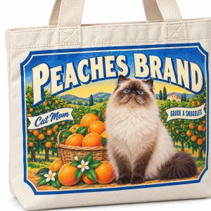 Close-up of the Cat Mom Citrus Crate Label Tote Bag print showing the cat's fur detail and canvas tote bag