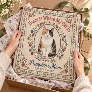 Hands unwrapping the Cat Mom Cross-Stitch Sampler Blanket from a kraft gift box