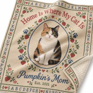 Close-up of the Cat Mom Cross-Stitch Sampler Blanket print showing the cat's fur detail and the plush fleece