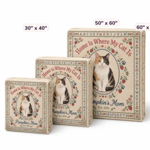 The Cat Mom Cross-Stitch Sampler Blanket in 30" x 40" and 50" x 60" and 60" x 80" sizes side by side