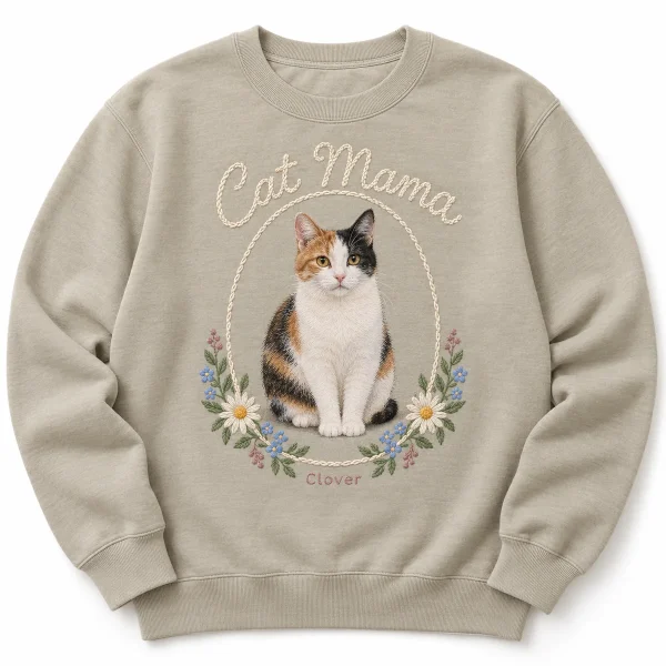Cat mom embroidered sweatshirt – Cat Mom Faux Embroidery Hoop Sweatshirt with a calico and the text "Cat Mama", "Clover", product photo on a white background