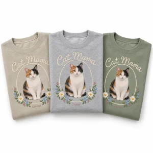 The Cat Mom Faux Embroidery Hoop Sweatshirt in three colors: heather sand, sport gray and sage green