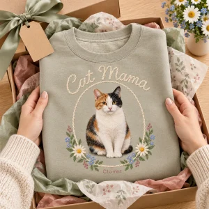 Hands unwrapping the Cat Mom Faux Embroidery Hoop Sweatshirt from a kraft gift box