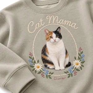 Close-up of the Cat Mom Faux Embroidery Hoop Sweatshirt print showing the cat's fur detail and the soft fleece