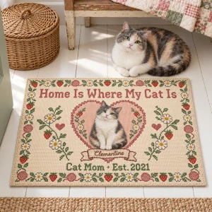 Cat Mom Needlepoint Sampler Doormat styled in a lifestyle scene – the doormat inside a cottage-style entry on painted white floorboards, a wicker basket of yarn and a vintage bench with a folded quilt, warm morning light