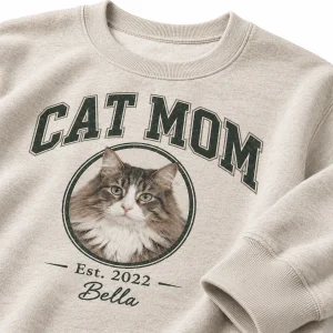 Close-up of the Cat Mom Varsity Sweatshirt print showing the cat's fur detail and the soft fleece