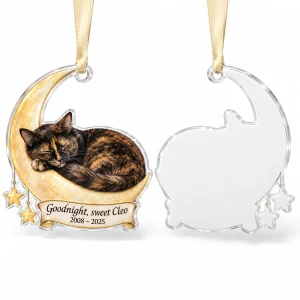 Front and back of the Cat on the Moon Memorial Ornament