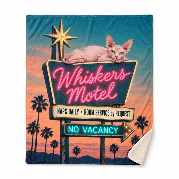 Cat blanket for couch – Cat Nap Motel Sign Blanket with a pink-skinned Sphynx and the text "Whiskers Motel", "Naps Daily · Room Service by Request", "NO VACANCY", product photo on a white background