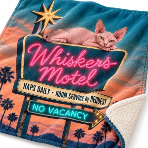 Close-up of the Cat Nap Motel Sign Blanket print showing the cat's fur detail and the plush fleece