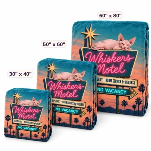 The Cat Nap Motel Sign Blanket in 30" x 40" and 50" x 60" and 60" x 80" sizes side by side