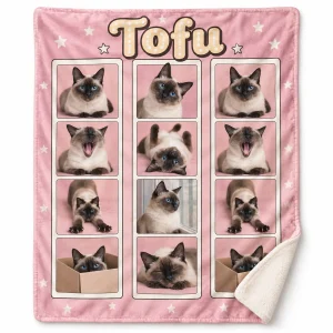 Cat photo collage blanket – Cat Photo Booth Blanket with a seal-point Siamese and the text "Tofu", product photo on a white background