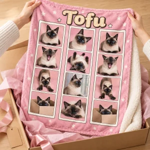 Hands unwrapping the Cat Photo Booth Blanket from a kraft gift box