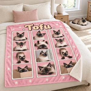 Cat Photo Booth Blanket styled in a lifestyle scene – a bright bedroom