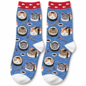Socks with my cat's face on them – Cat Sushi Roll Socks with three cats together: a white-and-orange bicolor, a Russian Blue and a brown mackerel tabby and a repeating cat face pattern, product photo on a white background