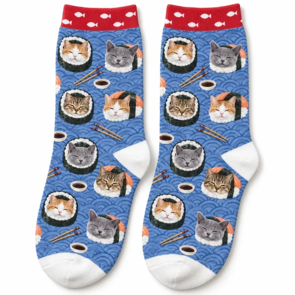 Socks with my cat's face on them – Cat Sushi Roll Socks with three cats together: a white-and-orange bicolor, a Russian Blue and a brown mackerel tabby and a repeating cat face pattern, product photo on a white background