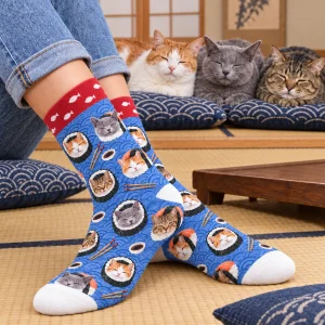 Cat Sushi Roll Socks styled in a lifestyle scene – a cozy Japanese-style low table setting with a ceramic tea set and floor cushions