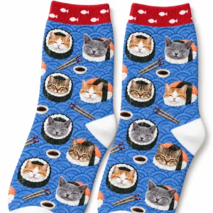 Close-up of the Cat Sushi Roll Socks print showing the cat's fur detail and the knit texture