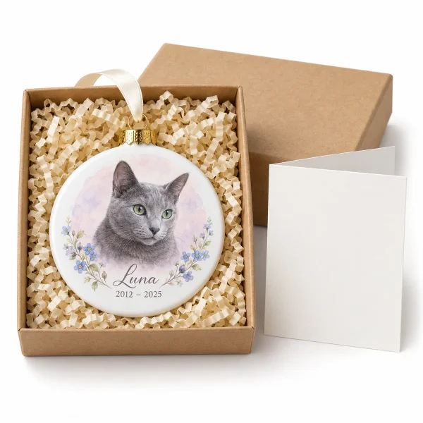 Cat sympathy gift – Cat Sympathy Ornament Gift Set with a Russian Blue and the text "Luna", "2012 – 2025", "(inside the card only) Thinking of you and sweet Luna.", product photo on a white background