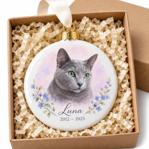 Close-up of the Cat Sympathy Ornament Gift Set print showing the cat's fur detail and the porcelain ornament