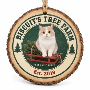 Cat owner christmas ornament – Cat Tree Farm Wood Slice Ornament with a cream-and-white Scottish Straight and the text "Biscuit's Tree Farm", "Fresh Cut Trees", "Est. 2019", product photo on a white background