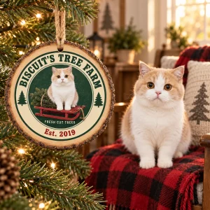 Cat Tree Farm Wood Slice Ornament styled in a lifestyle scene – hanging on a tree in a farmhouse living room with red buffalo-check blanket on a chair, warm late-afternoon light