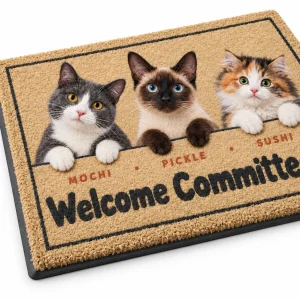 Close-up of the Cat Welcome Committee Peeking Doormat print showing the cat's fur detail and doormat