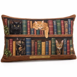 Bookish cat pillow – Cats on the Bookshelf Lumbar Pillow with four cats: a black cat and the text "The Chen Family Library", "Ink · Mango · Toffee · Rio", product photo on a white background
