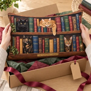 Hands unwrapping the Cats on the Bookshelf Lumbar Pillow from a kraft gift box