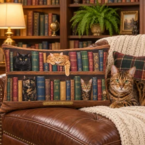 Cats on the Bookshelf Lumbar Pillow styled in a lifestyle scene – the lumbar pillow on a reading chaise in a home library with full bookshelves, warm lamp light