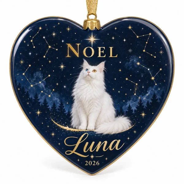 Cat name christmas ornament – Celestial Noel Cat Name Heart Ornament with a white Turkish Angora-type longhair and the text "Noel", "Luna", "2026", product photo on a white background