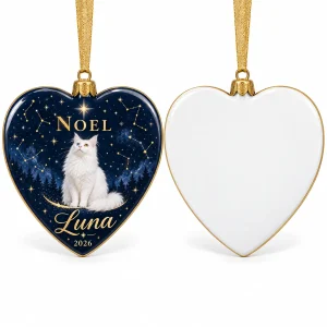 Front and back of the Celestial Noel Cat Name Heart Ornament