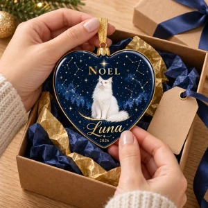 Hands unwrapping the Celestial Noel Cat Name Heart Ornament from a kraft gift box