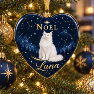 Celestial Noel Cat Name Heart Ornament styled in a lifestyle scene – hanging on a tree decorated with navy and gold ornaments, soft evening light