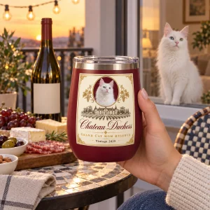 Chateau Cat Mom Wine Tumbler styled in a lifestyle scene – a balcony bistro table at sunset with a cheese board and a bottle (blank label), string lights