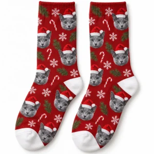 Christmas cat socks – Christmas Cat Face Socks with a Russian Blue and a repeating cat face pattern, product photo on a white background
