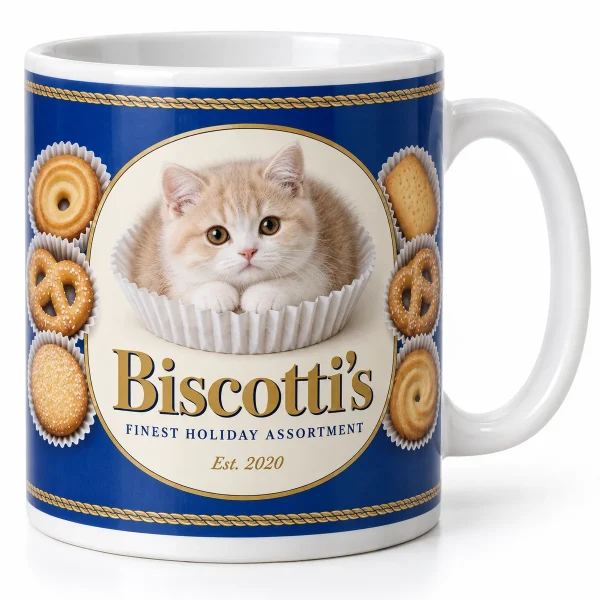 Christmas cookie cat mug – Christmas Cookie Tin Cat Mug with a cream-and-white Scottish Straight kitten and the text "Biscotti's", "Finest Holiday Assortment", "Est. 2020", product photo on a white background