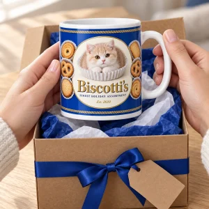 Hands unwrapping the Christmas Cookie Tin Cat Mug from a kraft gift box