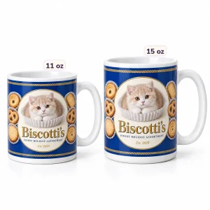 The Christmas Cookie Tin Cat Mug in 11 oz and 15 oz sizes side by side