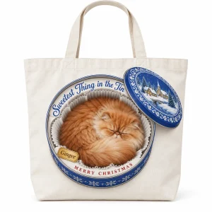 Christmas cat tote bag – Christmas Cookie Tin Cat Tote Bag with a fluffy orange Persian and the text "Sweetest Thing in the Tin", "Merry Christmas", "Ginger", product photo on a white background