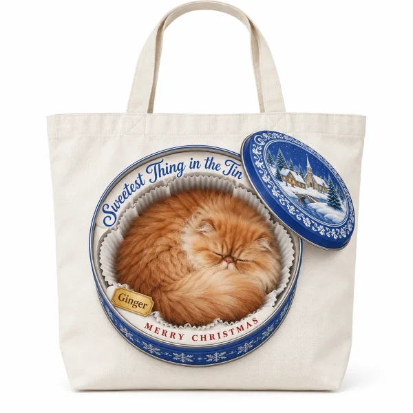 Christmas cat tote bag – Christmas Cookie Tin Cat Tote Bag with a fluffy orange Persian and the text "Sweetest Thing in the Tin", "Merry Christmas", "Ginger", product photo on a white background