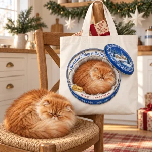 Christmas Cookie Tin Cat Tote Bag styled in a lifestyle scene – the tote hangs from a wooden chair in a cozy kitchen decorated with a pine garland and paper stars, warm afternoon light, a wrapped gift peeking out of the bag