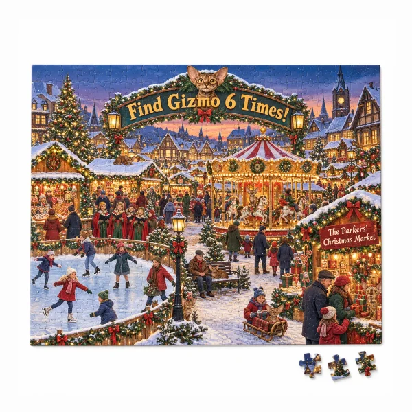Christmas cat puzzle – Christmas Market Hidden Cat Puzzle with a Devon Rex and the text "Find Gizmo 6 Times!", "The Parkers' Christmas Market", product photo on a white background