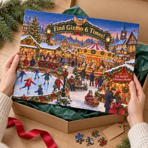 Hands unwrapping the Christmas Market Hidden Cat Puzzle from a kraft gift box