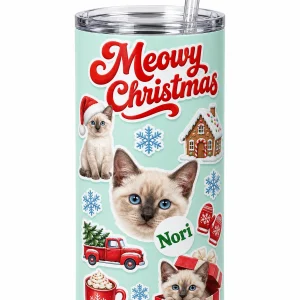 Close-up of the Christmas Sticker Sheet Cat Tumbler print showing the cat's fur detail and the satin tumbler finish