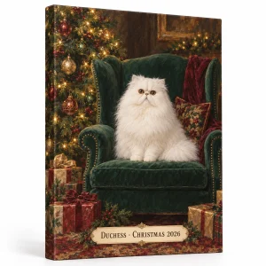 Christmas cat canvas – Christmas Wingback Chair Cat Portrait Canvas with a white Persian and the text "Duchess · Christmas 2026", product photo on a white background