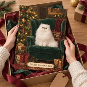 Hands unwrapping the Christmas Wingback Chair Cat Portrait Canvas from a kraft gift box